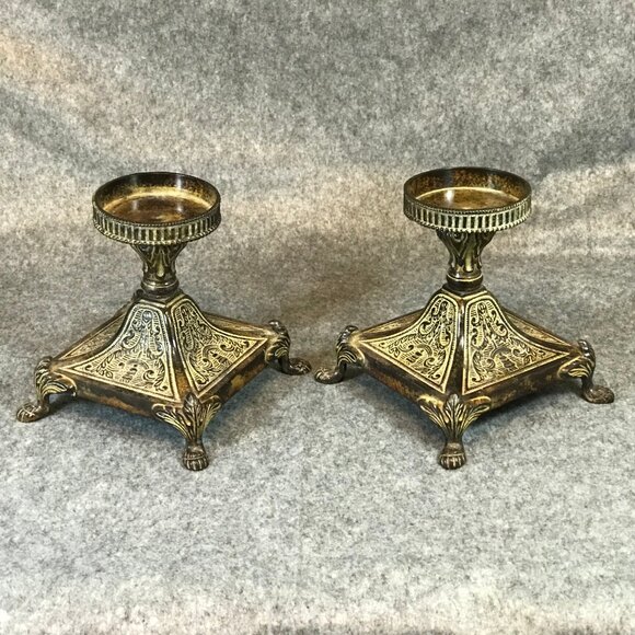 Cast Iron Footed Rustic Distressed Accent Pair of Candle Holders - Picture 5 of 11